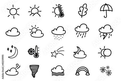 Set of weather of today doodle hand drawn vector illustrations