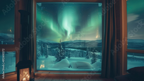 Panoramic window overlooking the aurora polar lights