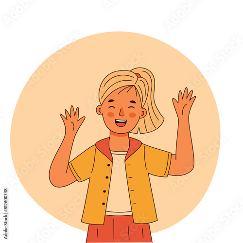 A little girl expresses genuine joy and excitement, his emotions are excited and happy. Vector illustration isolated on a white background for use in cards, web, apps, decoration