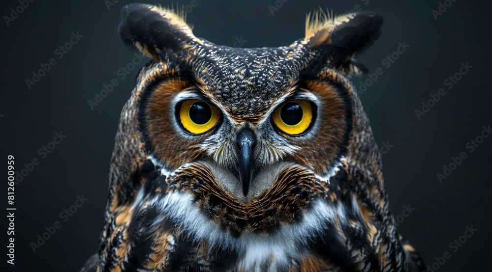 A closeup of an owl's face, its focused eyes and piercing gaze. A closeup of an owl's face, its focused eyes and piercing gaze.