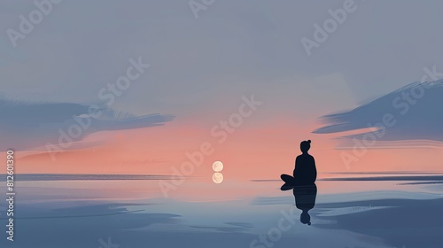 Meditation  A young woman sits on a beach at sunset  cross-legged  and facing away