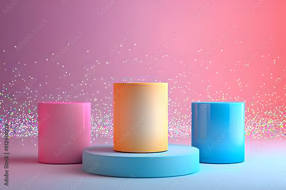 Set of 3d background with cylinder pedestal podium in pink, orange, blue with glowing glitter background. podium for ceremony award. Generative Ai. Set of 3d background with cylinder pedestal podium in pink, orange, blue with glowing glitter background. podium for ceremony award. Generative Ai.
