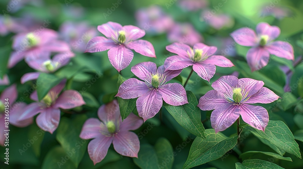 A sharp focus on pink blossoms surrounded by green foliage, set against a soft-focus backdrop A sharp focus on pink blossoms surrounded by green foliage, set against a soft-focus backdrop