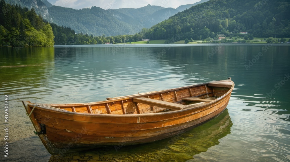 Boat on the lake unoccupied fishing boat for tourists aged wooden boat with an oar