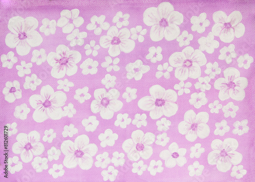 White flowers on purple background watercolor painting