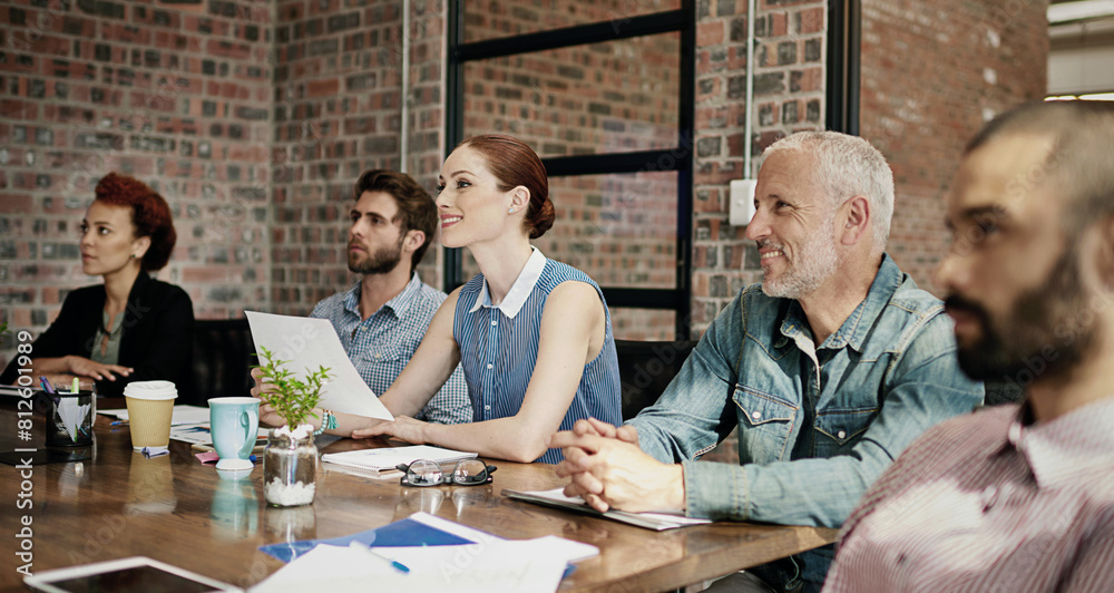 Business people, meeting and brainstorming presentation.in boardroom for startup for funding, review or teamwork. Men, women and conference room for collaboration project planning, target or goals