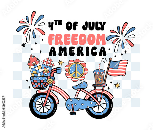 Groovy 4th of July bycicle Cartoon Trendy doodle collection idea for Shirt Sublimation printing