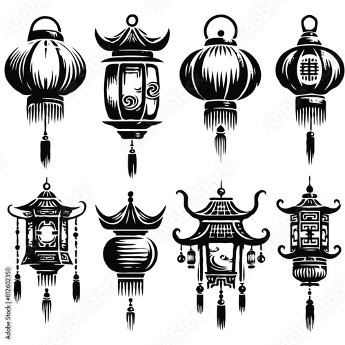 Lanterns and lamp icon, Set of vector icons: Black outlines on white background. - Stock vector illustration