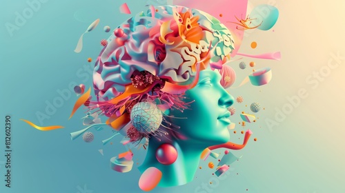 Creative human head with 3D objects on pastel background.