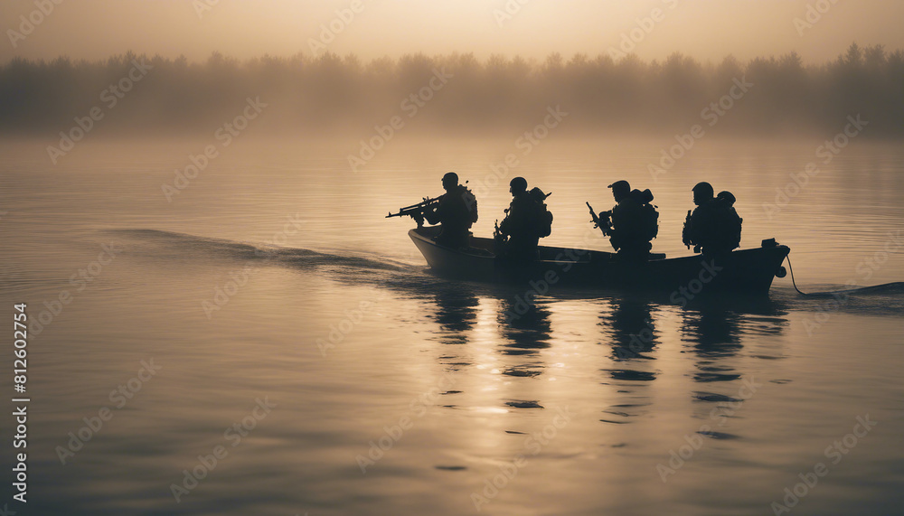 silhouette of underwater commando team advancing on boat in foggy sunrise.