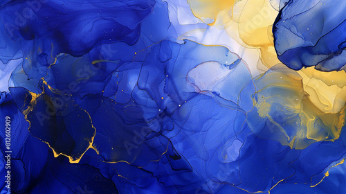 Modern abstract with royal blue and olive yellow, alcohol ink and oil paint texture.