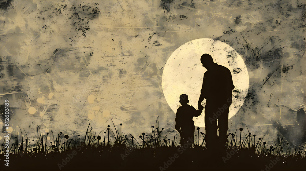 Naklejka premium fathers day painting silhouette with dad and son on watercolor background.father and child in the sunset watercolor card design.generative ai 