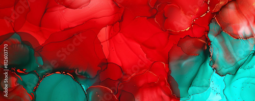 Neon red and deep turquoise modern abstract painting, alcohol ink with oil texture details.
