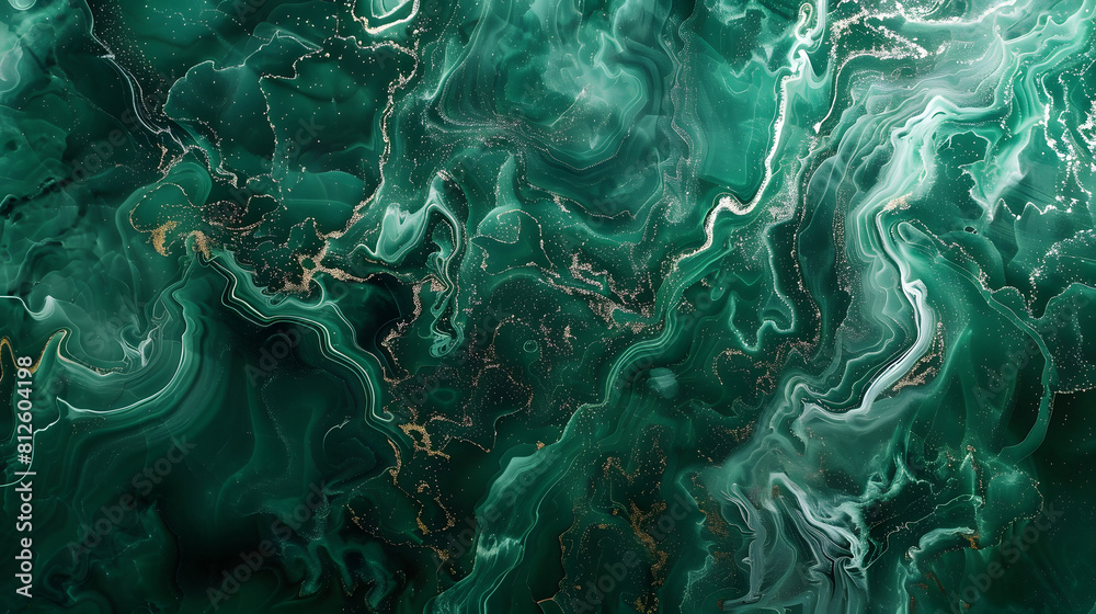 abstract background, fake stone texture, malachite green agate jasper marble slab with gold glitter veins, wavy lines fashion print, painted artificial marbled surface, artistic marbling illustration