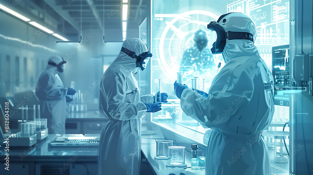 Scientists in hazmat suits conducting research in a futuristic lab, AI-generated image. Scientists in hazmat suits conducting research in a futuristic lab, AI-generated image.