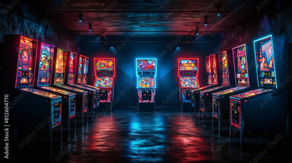 Row of classic pinball machines in an arcade, featuring vintage designs and colorful lights