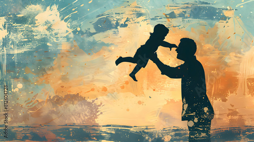 fathers day painting silhouette with dad and son on watercolor background.father and child in the sunset watercolor card design.generative ai	
