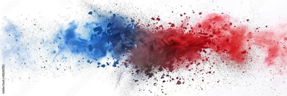 Labor day Red, White and Blue colored dust explosion background. Splash of American flag colors smoke dust on white background, Independence Day, Memorial Day patriotic abstract pattern