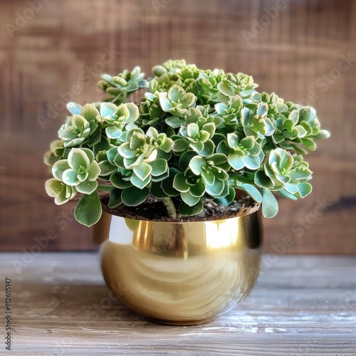 Gorgeous Kalanchoe Tomentosa Plant in a Shiny Golden Pot. Lush Green and White Succulent in Natural photo