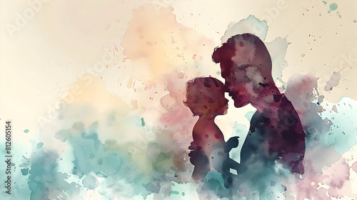 fathers day painting silhouette with dad and son on watercolor background.father and child in the sunset watercolor card design.generative ai	
 photo
