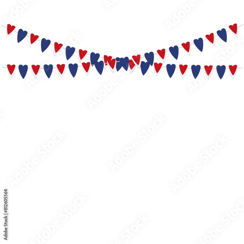 French flag buntings garlands on white background. Hearts garland for outdoor party, decoration, vector illustration