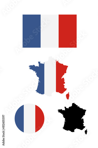 France flag and map set Isolated on white background. Vector illustration.