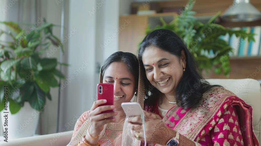 Two women are sitting on a couch and looking at their cell phones Two women are sitting on a couch and looking at their cell phones