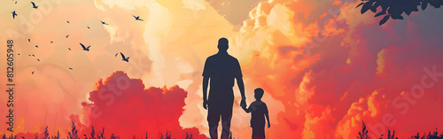 colorful dad and son flat design art illustration banner ,happy father's Day greeting card. generative ai