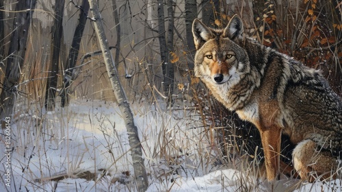 Eastern Coyote in Winter Forest: Wildlife Mammal Predator for Website or Print Posters