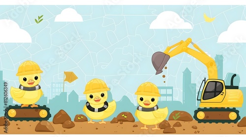 Cartoon Construction Machines at Cityscape Work Site with Cheerful Characters