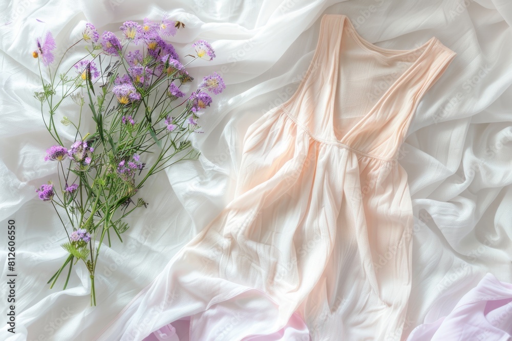 A pink dress lying next to a bouquet of flowers. Suitable for fashion or lifestyle concepts A pink dress lying next to a bouquet of flowers. Suitable for fashion or lifestyle concepts
