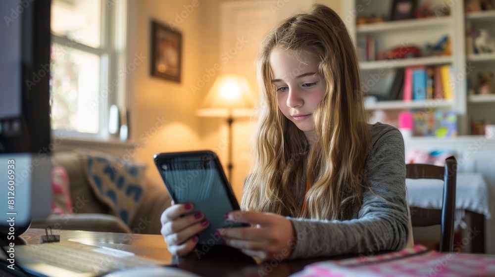 A girl is sitting at a desk with a tablet in her hand A girl is sitting at a desk with a tablet in her hand