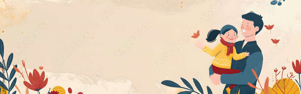 Fototapeta premium colorful dad and son flat design art illustration banner ,happy father's Day greeting card. generative ai