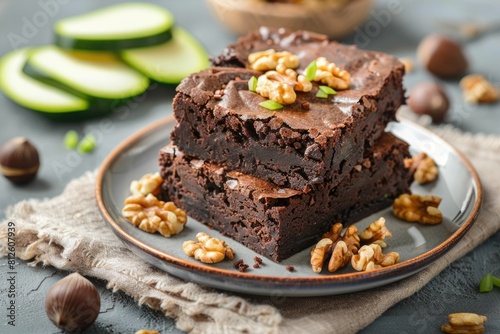 Decadent Zucchini Brownies with Walnuts on a Plate. Delicious Chocolate and Cream Dessert