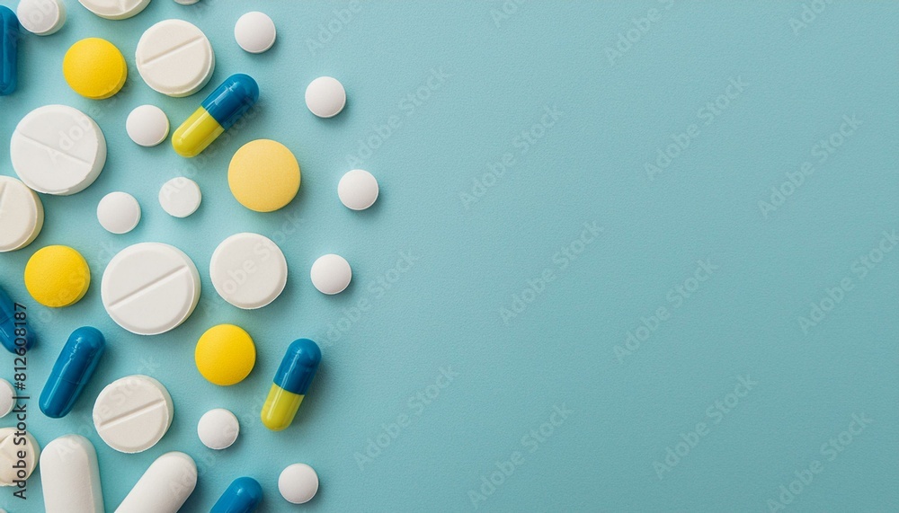 Top down view of pharmaceutical pills. Colourful prescription tablets on a plain background. Copy space for text. Marketing healthcare banner with empty space on righ side Top down view of pharmaceutical pills. Colourful prescription tablets on a plain background. Copy space for text. Marketing healthcare banner with empty space on righ side