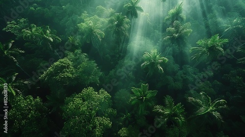 Visualize a dense tropical rainforest canopy seen from above, highlighting the vibrant biodiversity and lush greenery