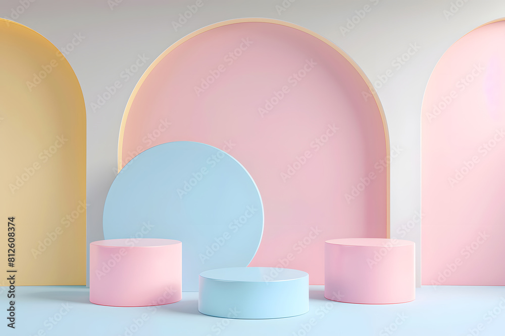 Set of abstract 3D yellow, pink, blue and pink cylinder pedestal podium with circle backdrop. Pastel minimal wall scene collection Podium for product presentation. Generative Ai. Set of abstract 3D yellow, pink, blue and pink cylinder pedestal podium with circle backdrop. Pastel minimal wall scene collection Podium for product presentation. Generative Ai.