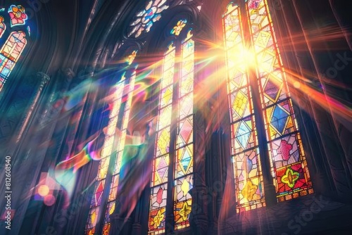 Divine Illumination  Vibrant Stained Glass Window Bathed in Sunlight at the Cathedral Aisle