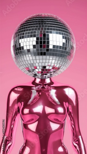 Futuristic Pink Female Mannequin with Silver Disco Ball Head on Vibrant Background