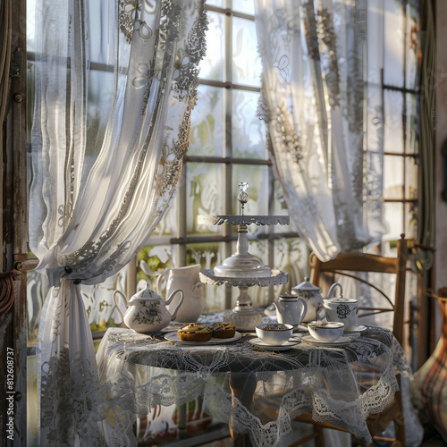 Nostalgic Tearoom Lace Curtains, Generative Ai