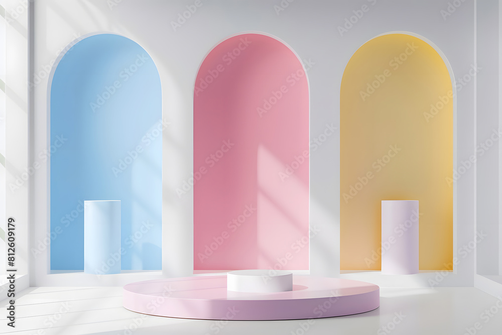 Set of pink, yellow, blue and white realistic 3d cylinder stand podium in arch window. Vector abstract studio room with geometric platform. Minimal wall scene for products showcase, Pr. Generative Ai.