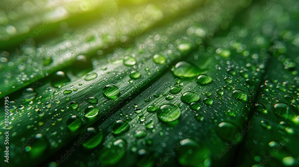   A vivid image of a green leaf with water droplets and a bright light behind it