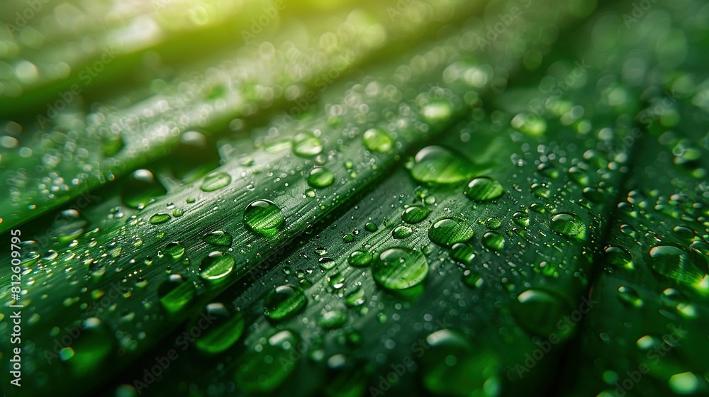 A vivid image of a green leaf with water droplets and a bright light behind it A vivid image of a green leaf with water droplets and a bright light behind it