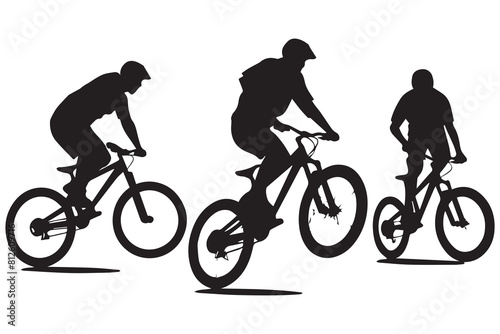 Black silhouettes of bicyclist rider jumping on a white background