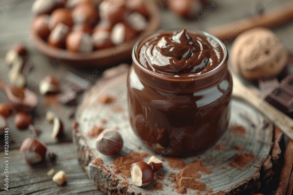 A jar of nut butter on a rustic wooden table, perfect for food and nutrition concepts A jar of nut butter on a rustic wooden table, perfect for food and nutrition concepts