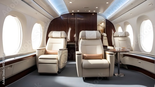first class business luxurious seats on business or leisure flights with a large banner for copy space. © Ashan