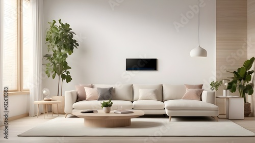 The mockup s placement in a light-colored living room setting implies that the AC controller or air purifier blends in perfectly with the surroundings of the house  improving both looks and functional