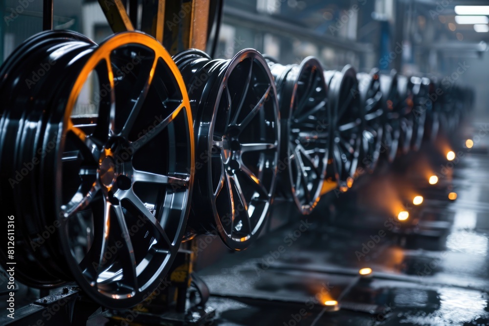 Black and orange wheels lined up in a factory setting. Ideal for industrial concepts Black and orange wheels lined up in a factory setting. Ideal for industrial concepts