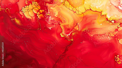 Vivid red and cool yellow abstract painting, rich in alcohol ink and oil paint details.