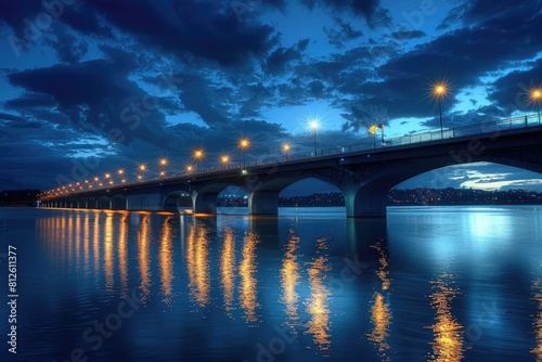 Beauty of the Woodrow Wilson Bridge at Night: Illuminated by Stunning Lights against a Blue, Cloudy photo